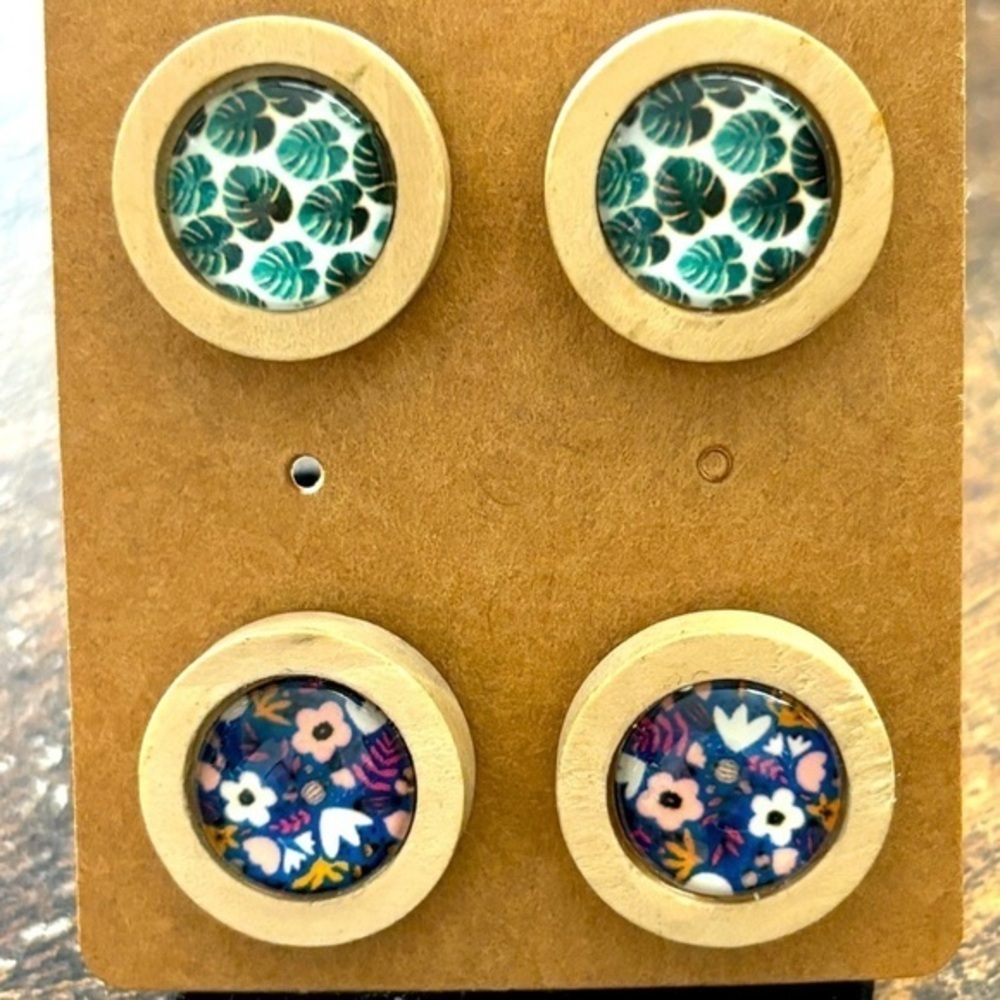 Two Pairs of Floral Stud Earrings - 10mm Glass Dome on Wood Base, NWT